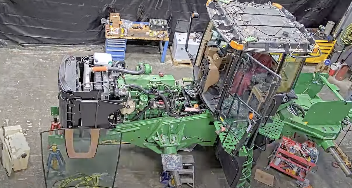 An overhead shot of the deconstruction of the 9520 scraper.